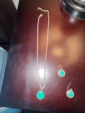 Silver Necklace and Earrings Set with Turquoise Gemstone Pendant - Women Jewelry